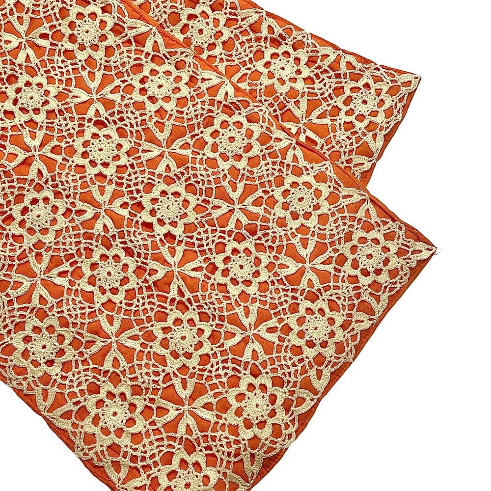 Vintage 1950s Quilted Lace Placemats 2 Pcs Padded Vibrant Orange Fabric Unique